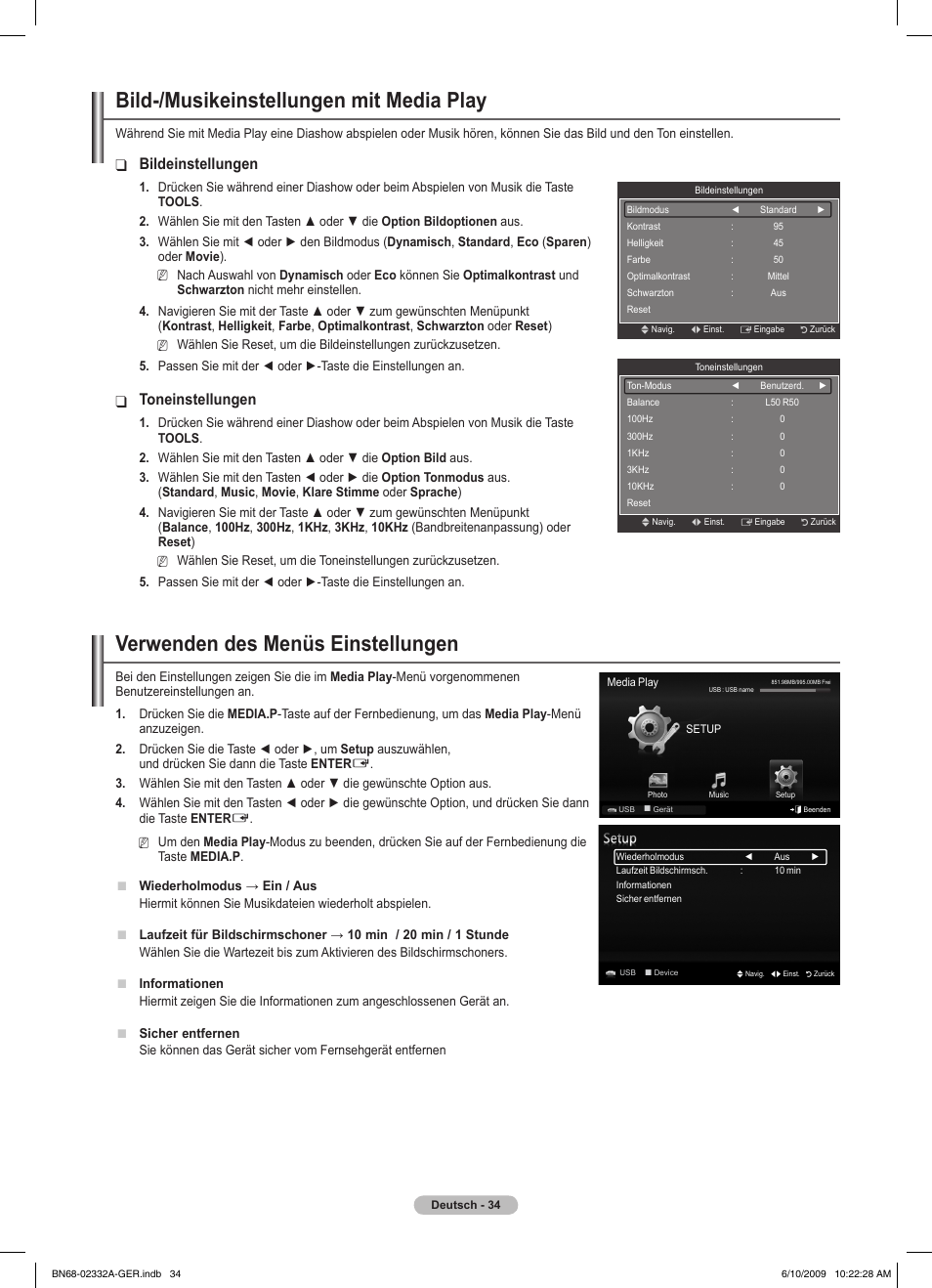 Bild-/musikeinstellungen mit media play, Verwenden des menüs einstellungen, Bildeinstellungen | Toneinstellungen | Samsung PS50B560T7W User Manual | Page 129 / 400