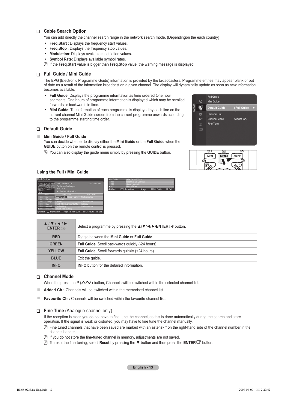 Cable search option, Full guide / mini guide, Default guide | Channel ❑ mode, Fine tune ❑ (analogue channel only), Using the full / mini guide | Samsung PS50B560T7W User Manual | Page 13 / 400