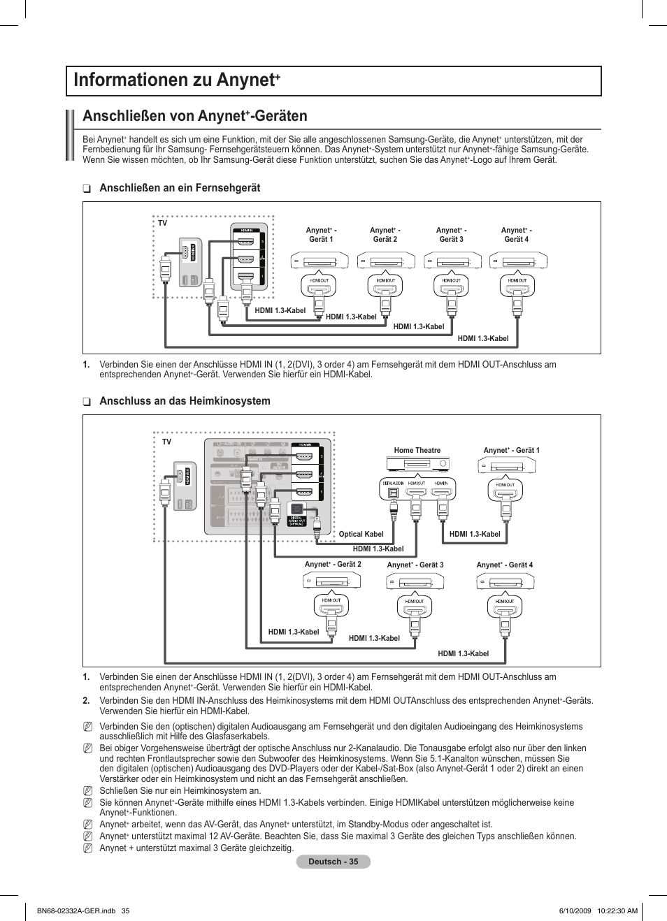 Informationen zu anynet, Anschließen von anynet, Geräten | Anschließen an ein fernsehgerät, Anschluss an das heimkinosystem | Samsung PS50B560T7W User Manual | Page 130 / 400