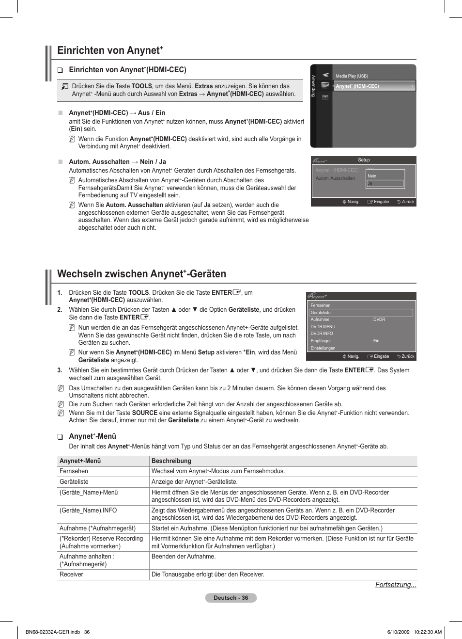 Einrichten von anynet, Wechseln zwischen anynet, Geräten | Hdmi-cec), Anynet, Menü | Samsung PS50B560T7W User Manual | Page 131 / 400