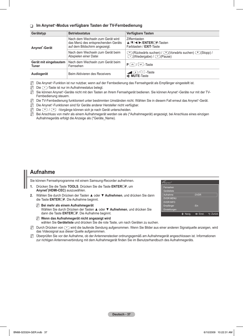 Aufnahme, Im anynet, Modus verfügbare tasten der tv-fernbedienung | Samsung PS50B560T7W User Manual | Page 132 / 400