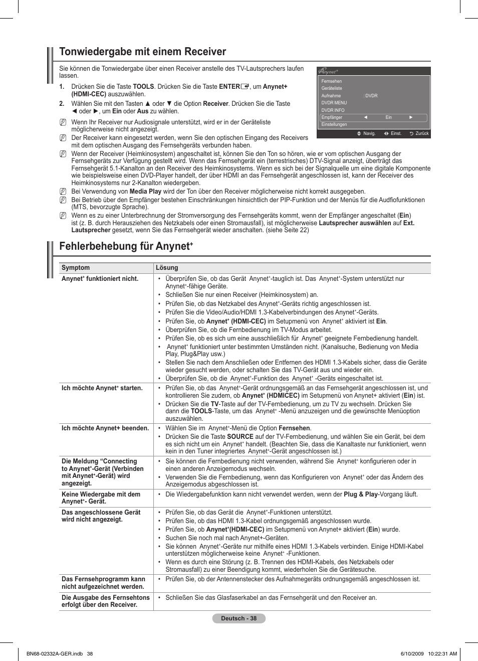 Tonwiedergabe mit einem receiver, Fehlerbehebung für anynet | Samsung PS50B560T7W User Manual | Page 133 / 400