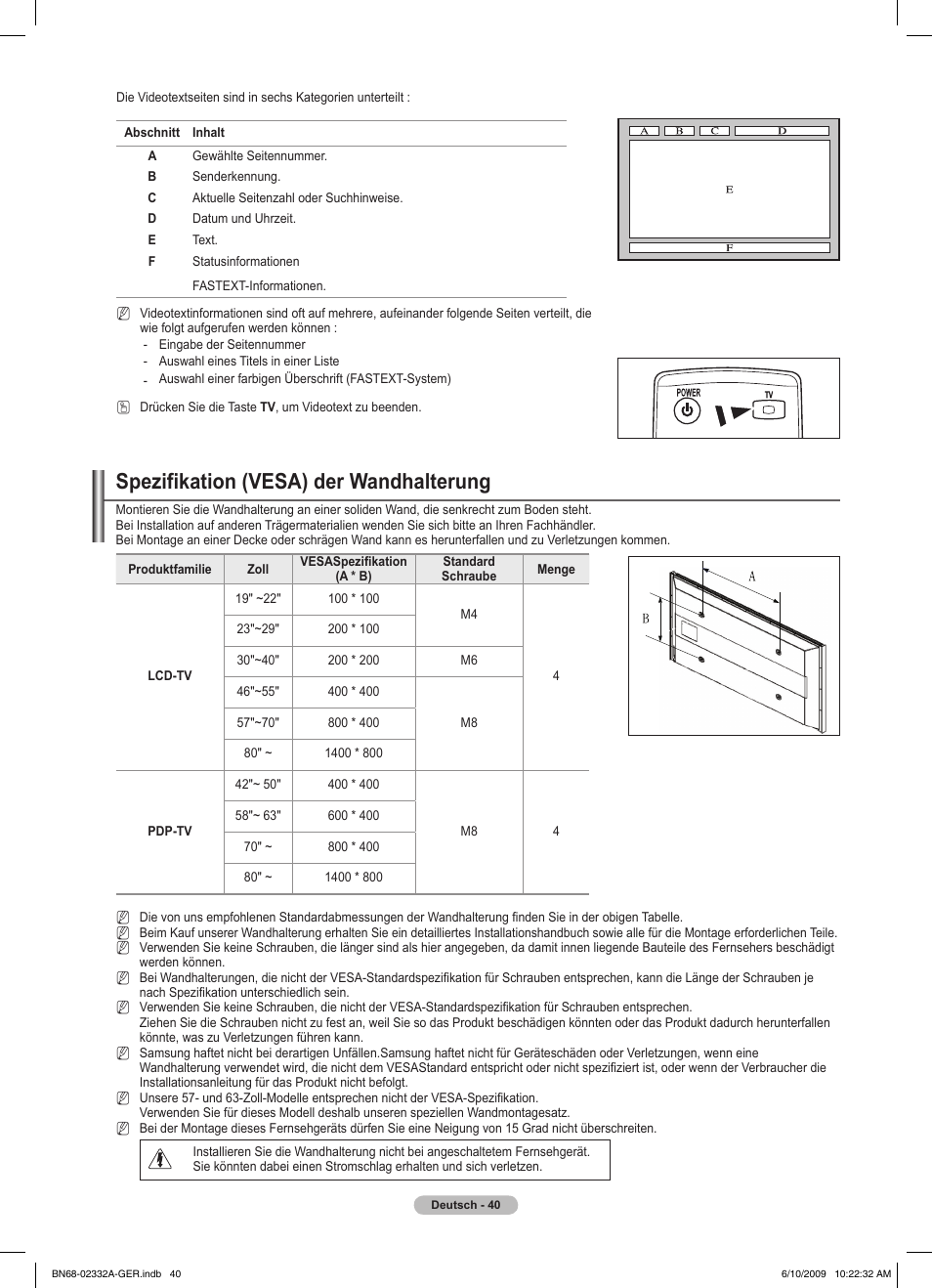 Spezifikation (vesa) der wandhalterung | Samsung PS50B560T7W User Manual | Page 135 / 400