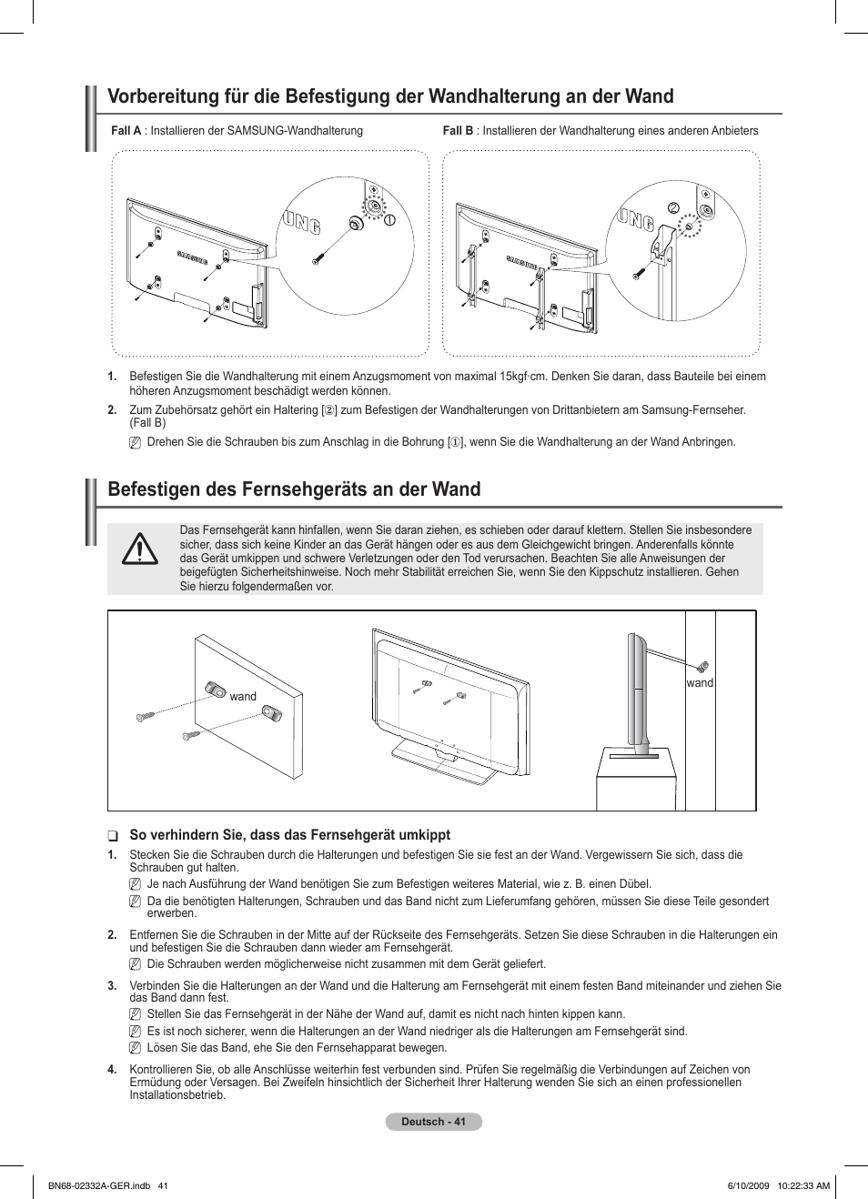 경고 주의 경고 주의, Befestigen des fernsehgeräts an der wand | Samsung PS50B560T7W User Manual | Page 136 / 400