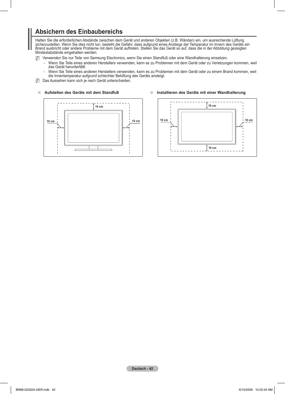 Absichern des einbaubereichs | Samsung PS50B560T7W User Manual | Page 137 / 400