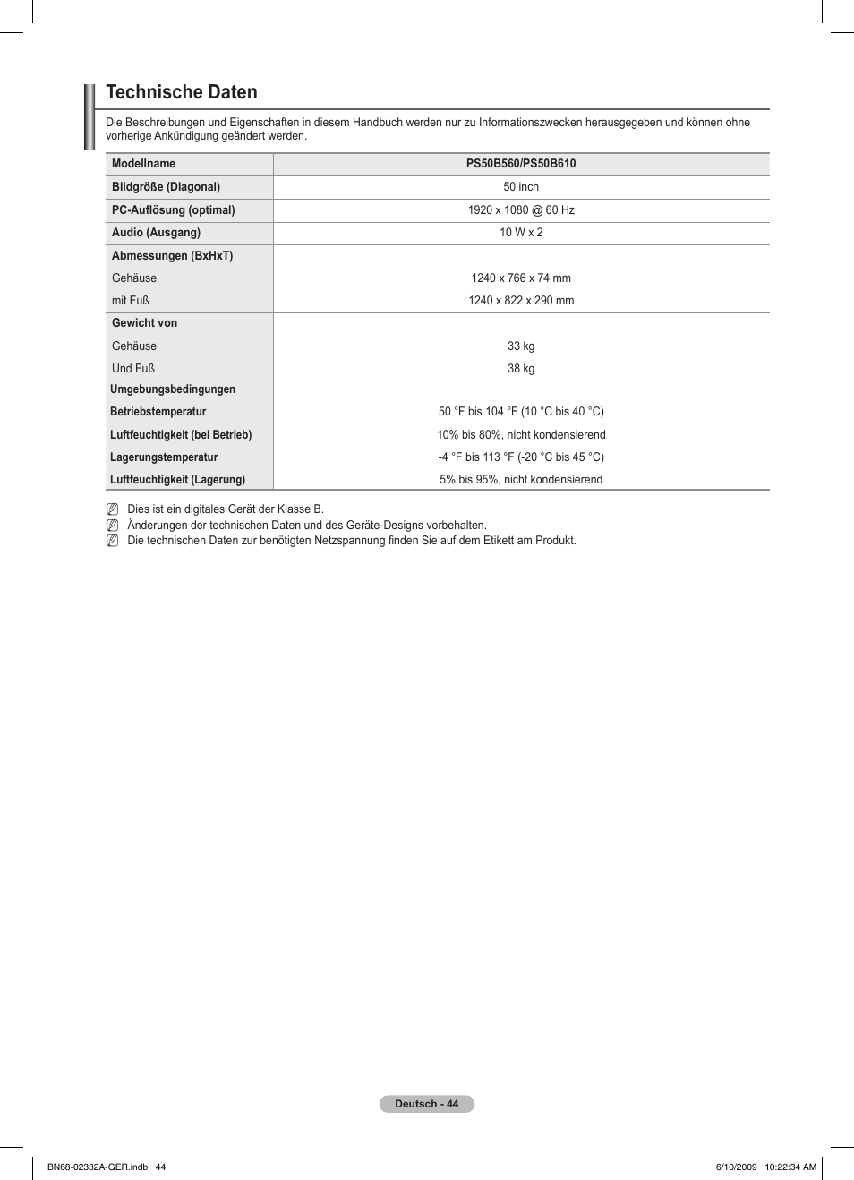 Technische daten | Samsung PS50B560T7W User Manual | Page 139 / 400