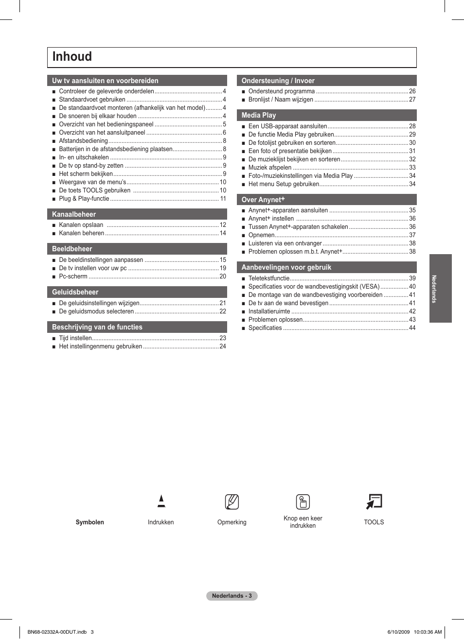 No t, Inhoud | Samsung PS50B560T7W User Manual | Page 141 / 400