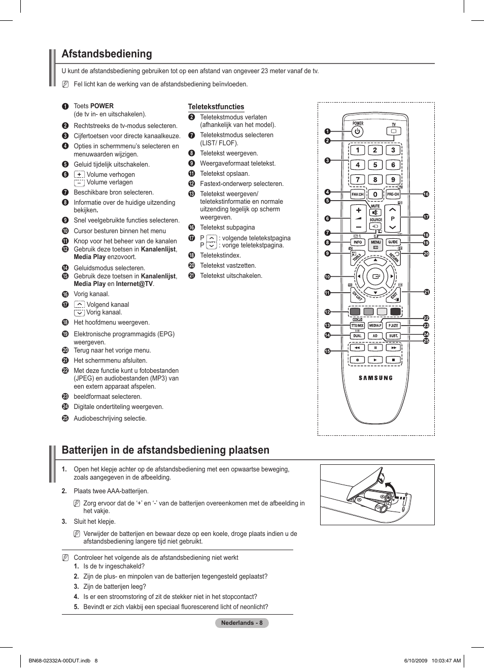 Afstandsbediening, Batterijen in de afstandsbediening plaatsen | Samsung PS50B560T7W User Manual | Page 146 / 400