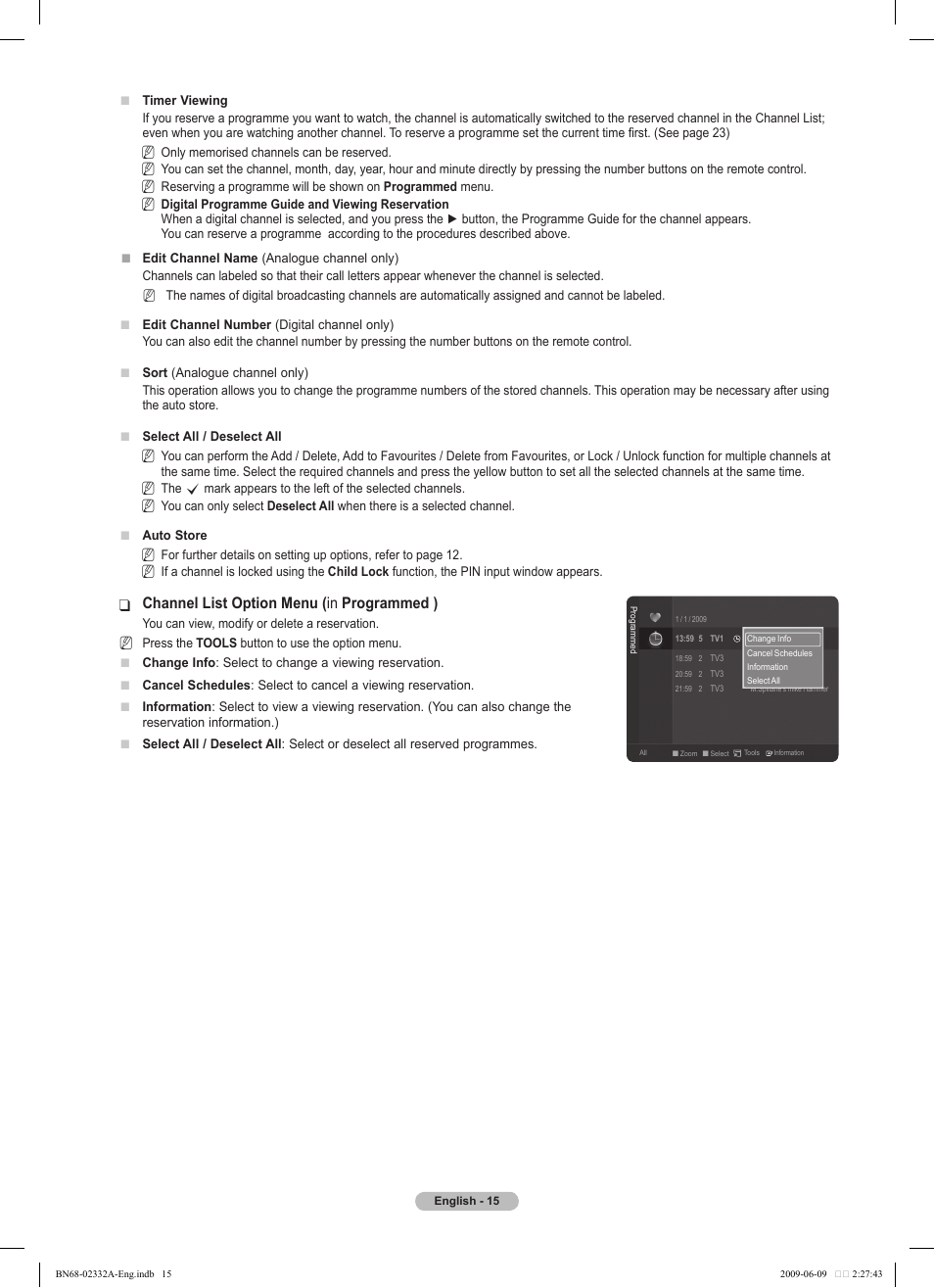 Channel list option menu ( ❑ in programmed ) | Samsung PS50B560T7W User Manual | Page 15 / 400