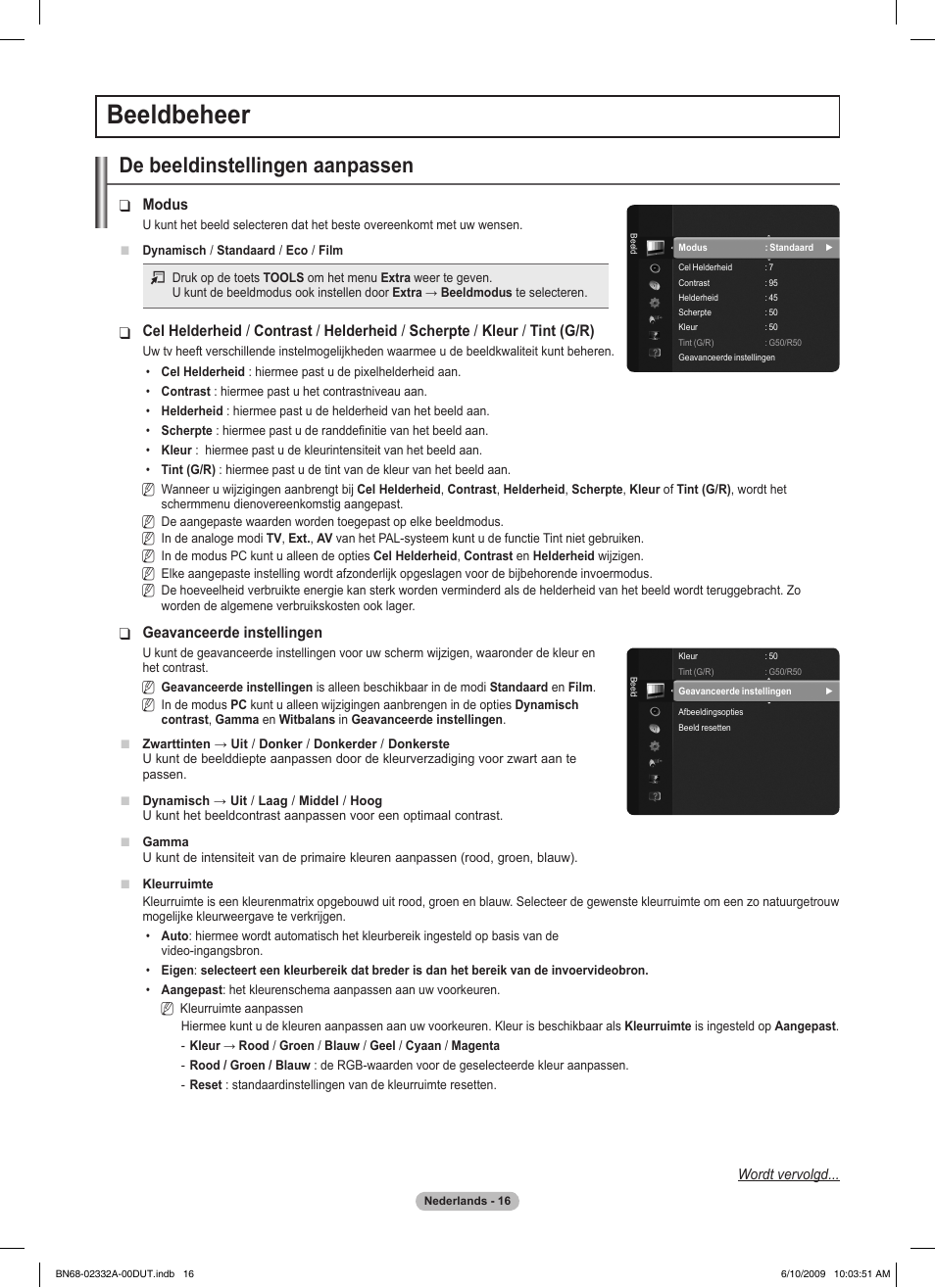 Beeldbeheer, De beeldinstellingen aanpassen | Samsung PS50B560T7W User Manual | Page 154 / 400
