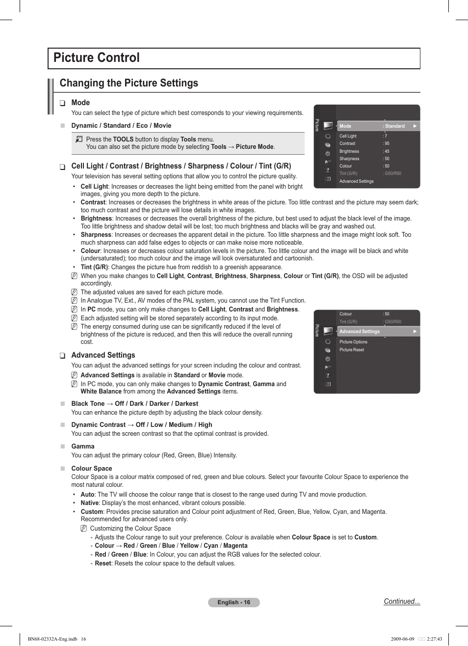 Picture control, Changing the picture settings | Samsung PS50B560T7W User Manual | Page 16 / 400