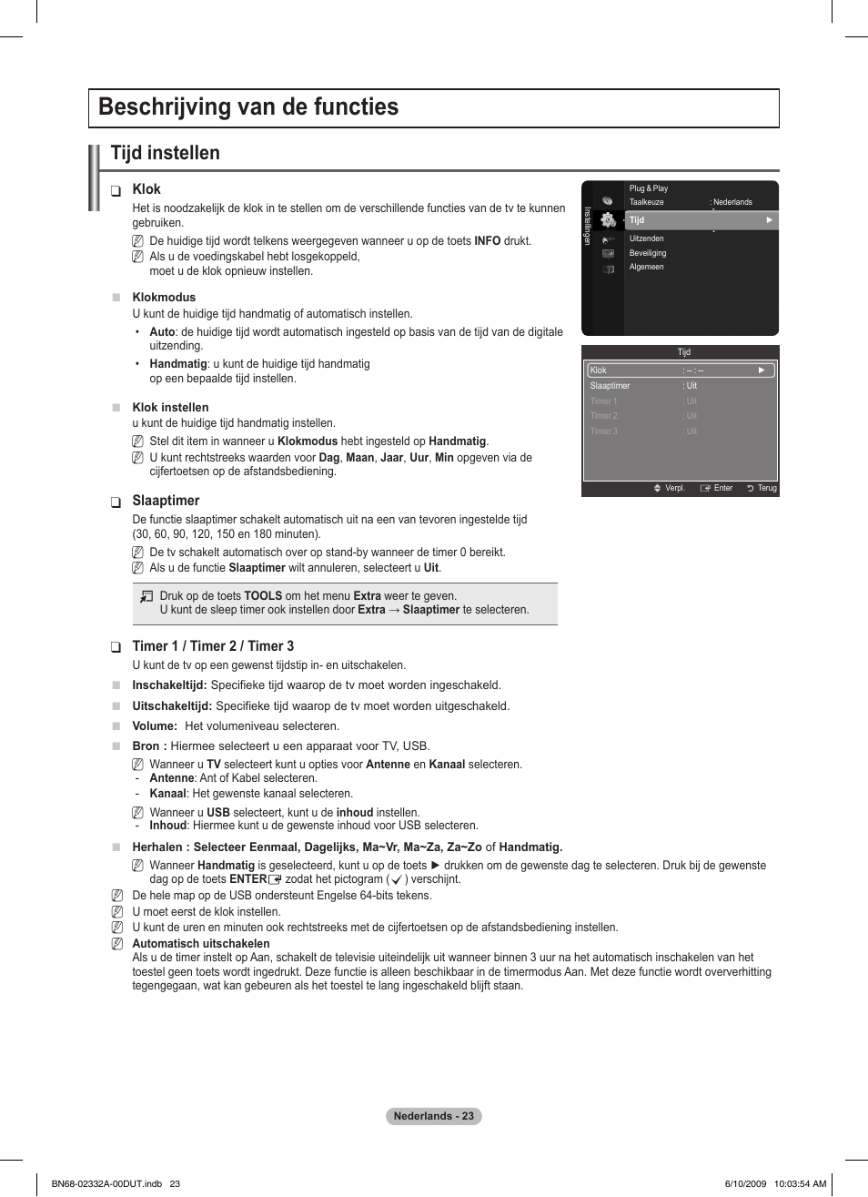 Beschrijving van de functies, Tijd instellen | Samsung PS50B560T7W User Manual | Page 161 / 400