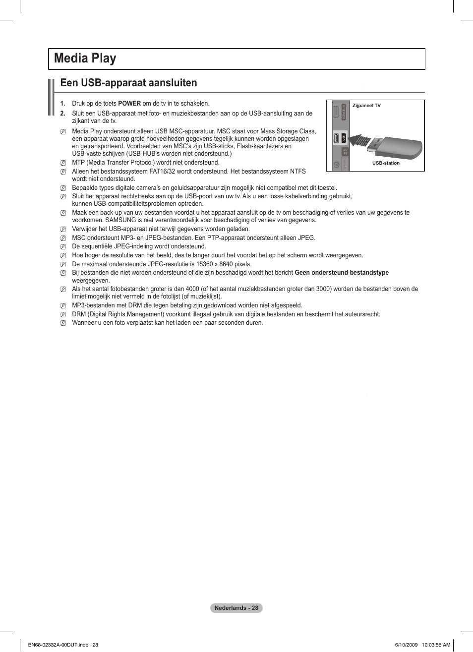 Media play, Een usb-apparaat aansluiten | Samsung PS50B560T7W User Manual | Page 166 / 400