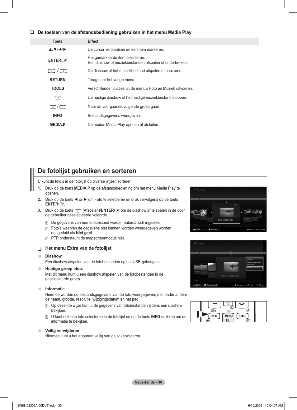 De fotolijst gebruiken en sorteren, Het menu extra van de fotolijst | Samsung PS50B560T7W User Manual | Page 168 / 400