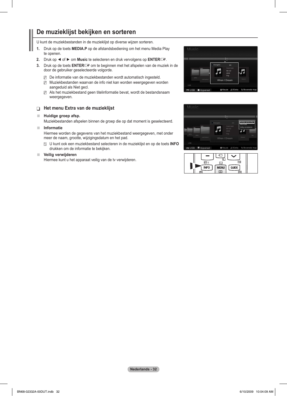 De muzieklijst bekijken en sorteren, Het menu extra van de muzieklijst, Druk op de toets enter | Weergegeven, Huidige groep afsp | Samsung PS50B560T7W User Manual | Page 170 / 400