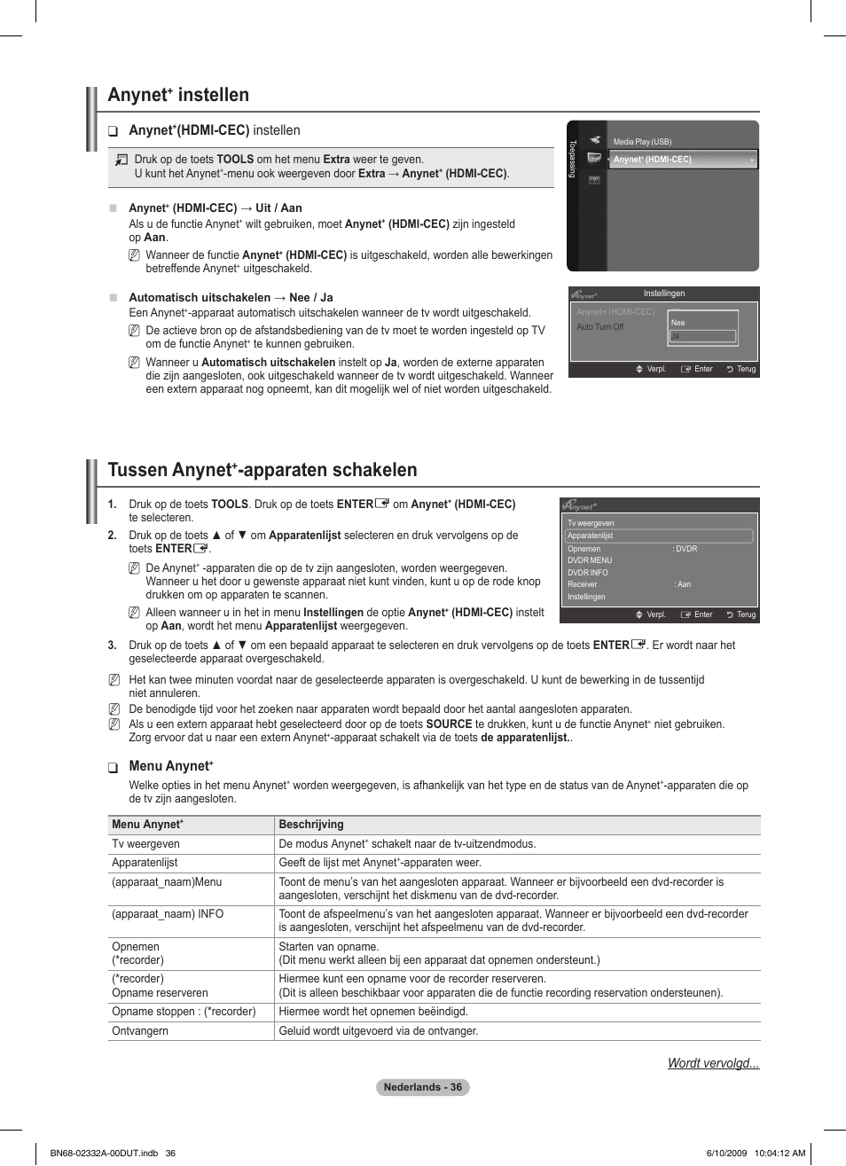Anynet, Instellen, Tussen anynet | Apparaten schakelen, Hdmi-cec) instellen, Menu anynet | Samsung PS50B560T7W User Manual | Page 174 / 400