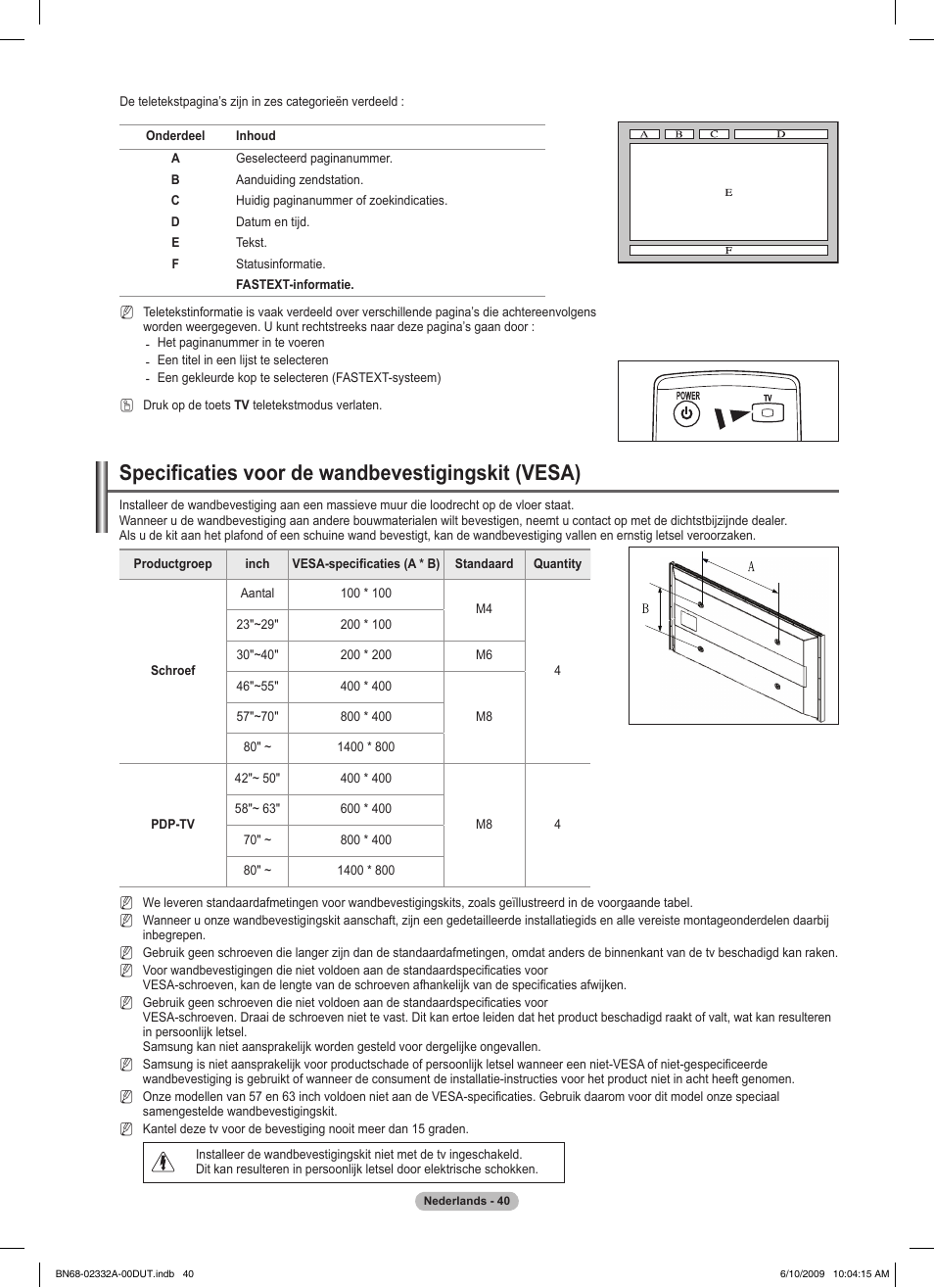 Specificaties voor de wandbevestigingskit (vesa) | Samsung PS50B560T7W User Manual | Page 178 / 400