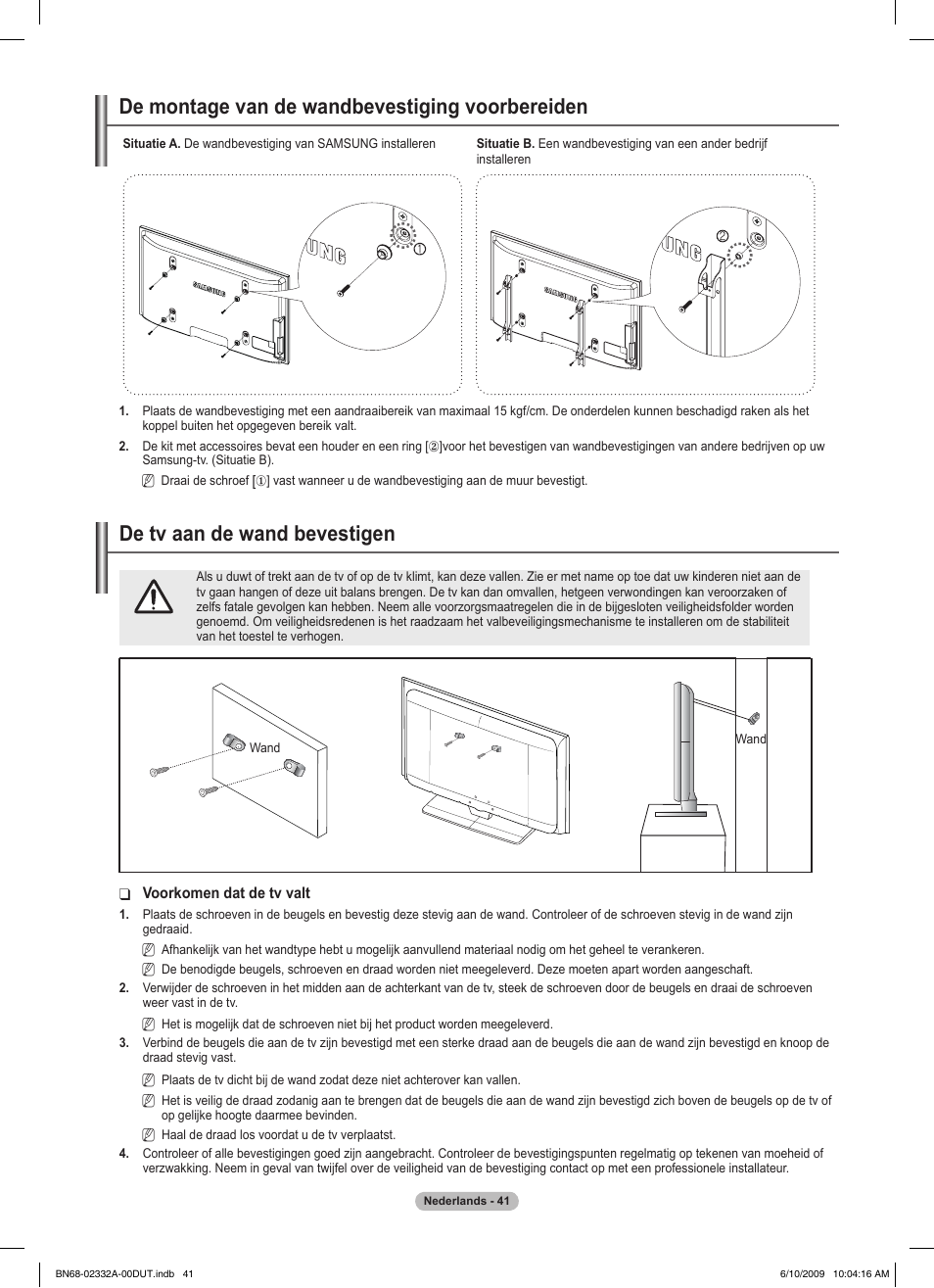 경고 주의 경고 주의, De montage van de wandbevestiging voorbereiden, De tv aan de wand bevestigen | Samsung PS50B560T7W User Manual | Page 179 / 400