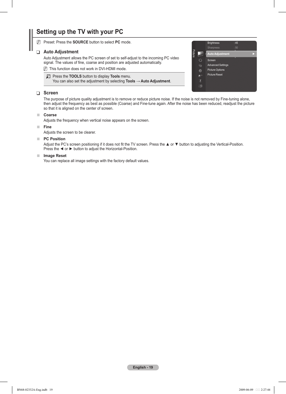 Setting up the tv with your pc, Auto adjustment, Screen | Samsung PS50B560T7W User Manual | Page 19 / 400