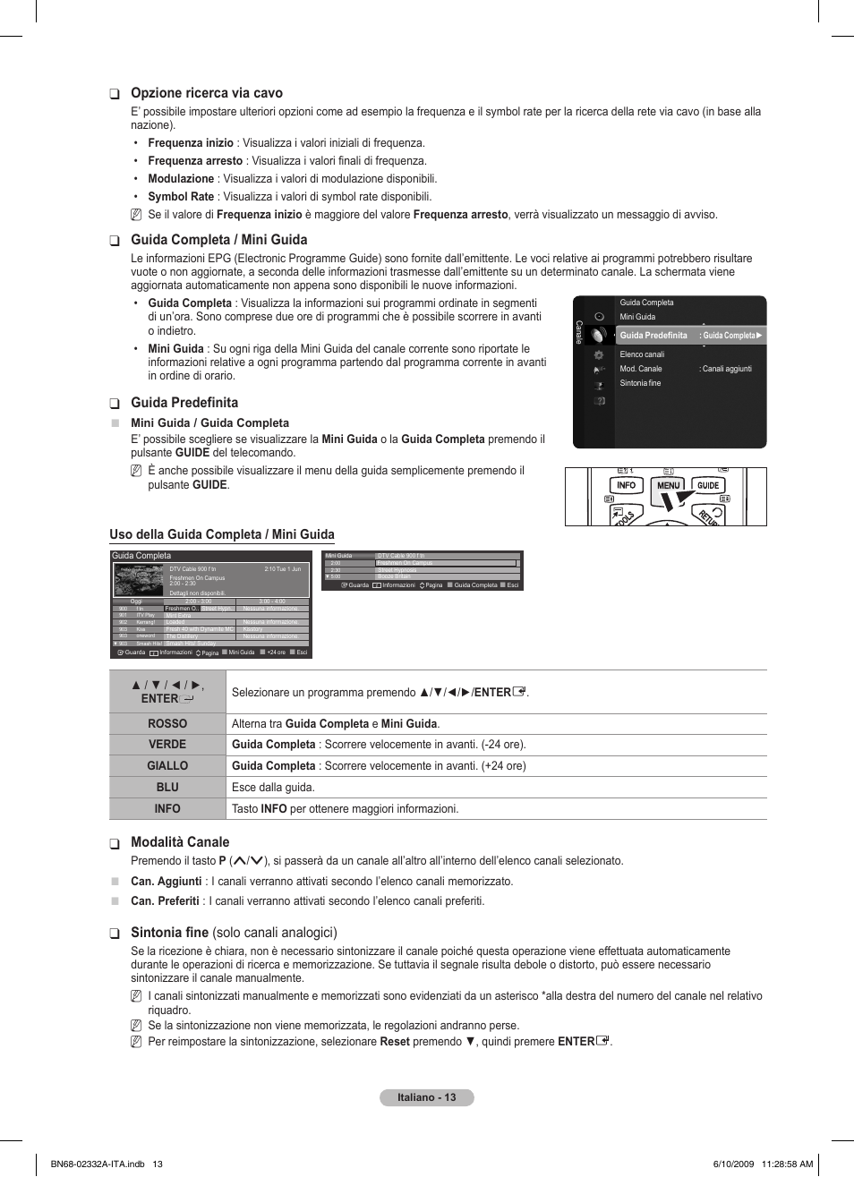 Opzione ricerca via cavo, Guida completa / mini guida, Guida predefinita | Modalità canale, Sintonia fine ❑ (solo canali analogici), Uso della guida completa / mini guida | Samsung PS50B560T7W User Manual | Page 194 / 400