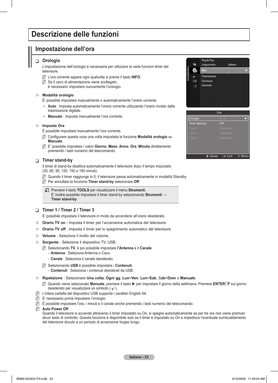 Descrizione delle funzioni, Impostazione dell’ora | Samsung PS50B560T7W User Manual | Page 204 / 400