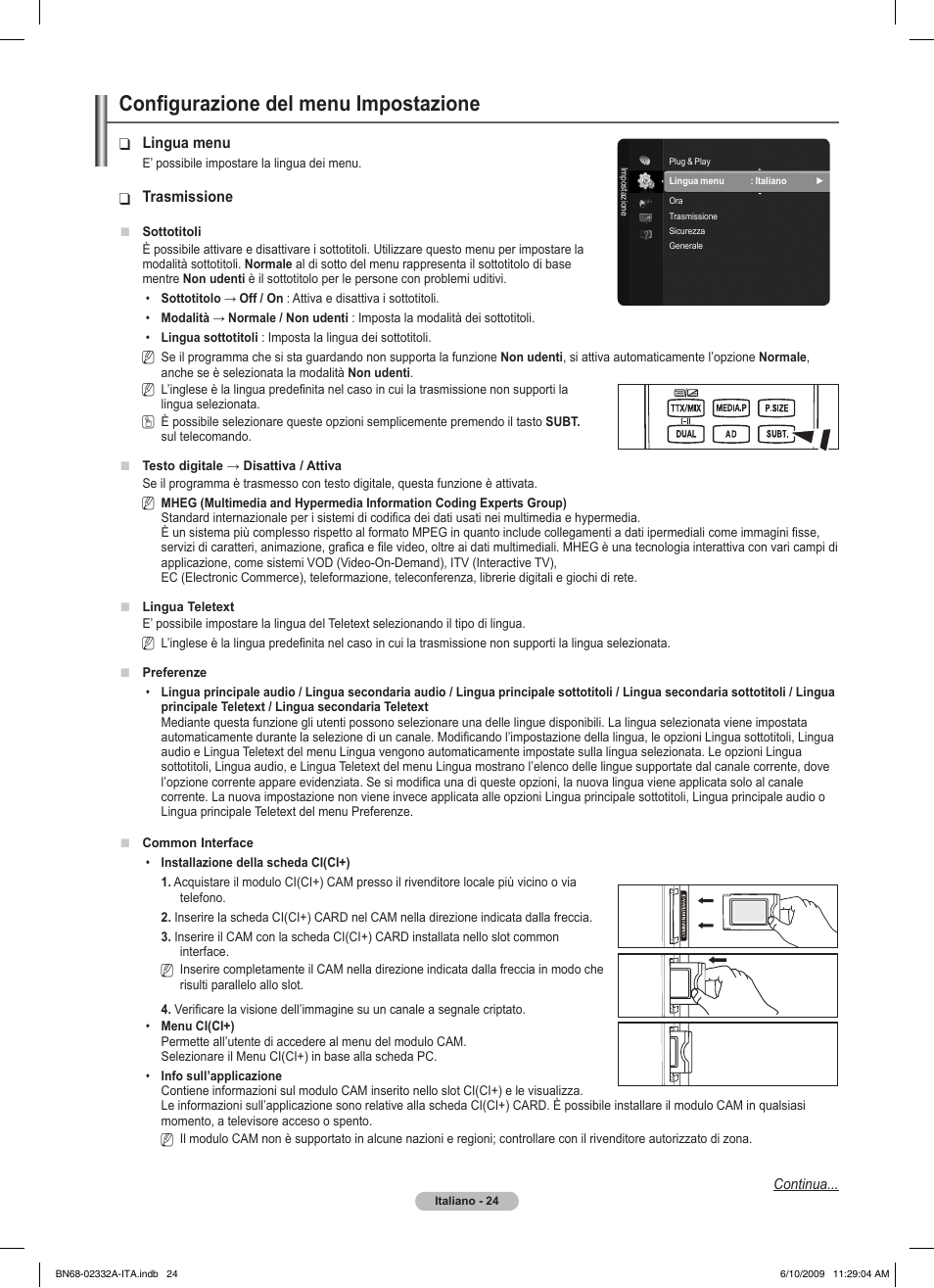 Configurazione del menu impostazione | Samsung PS50B560T7W User Manual | Page 205 / 400