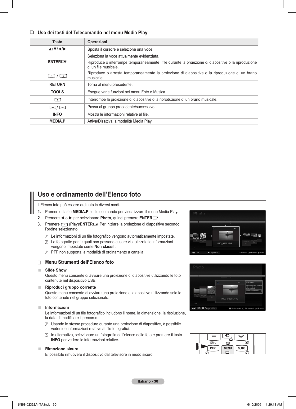 Uso e ordinamento dell’elenco foto, Uso dei tasti del telecomando nel menu media play, Menu strumenti dell’elenco foto | Samsung PS50B560T7W User Manual | Page 211 / 400