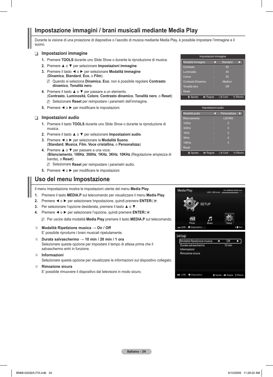 Uso del menu impostazione, Impostazioni immagine, Impostazioni audio | Samsung PS50B560T7W User Manual | Page 215 / 400
