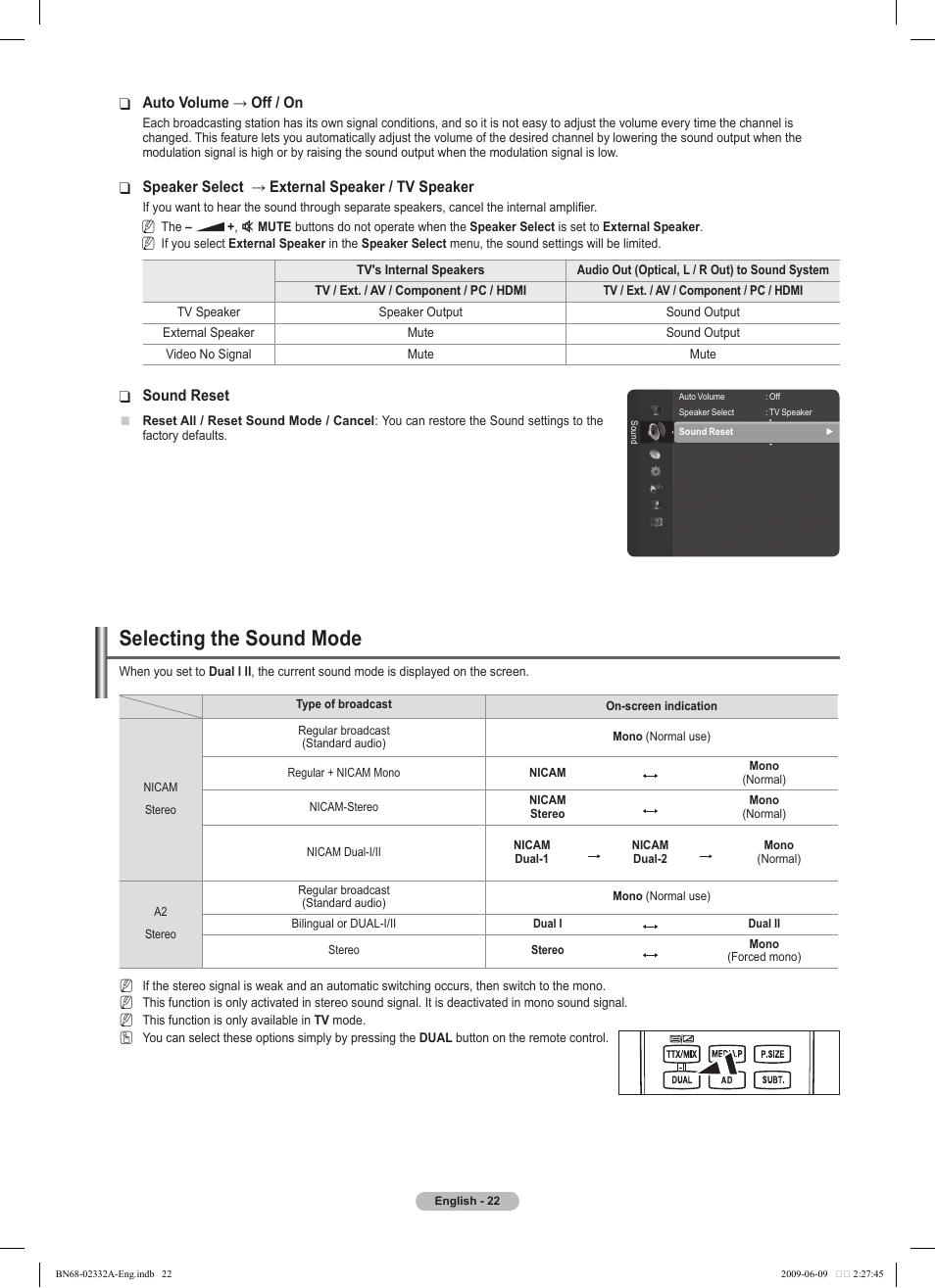 Selecting the sound mode | Samsung PS50B560T7W User Manual | Page 22 / 400