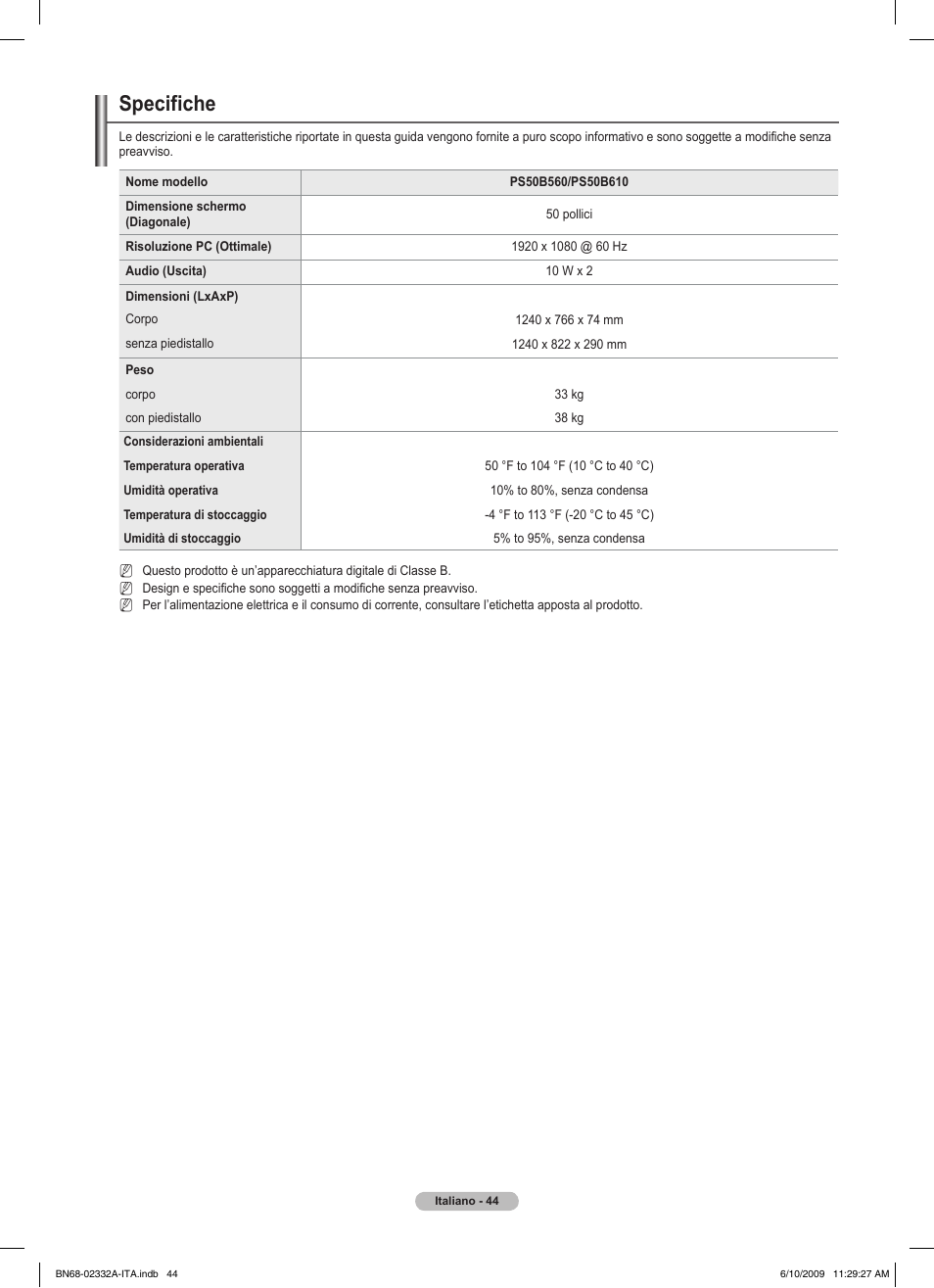 Specifiche | Samsung PS50B560T7W User Manual | Page 225 / 400