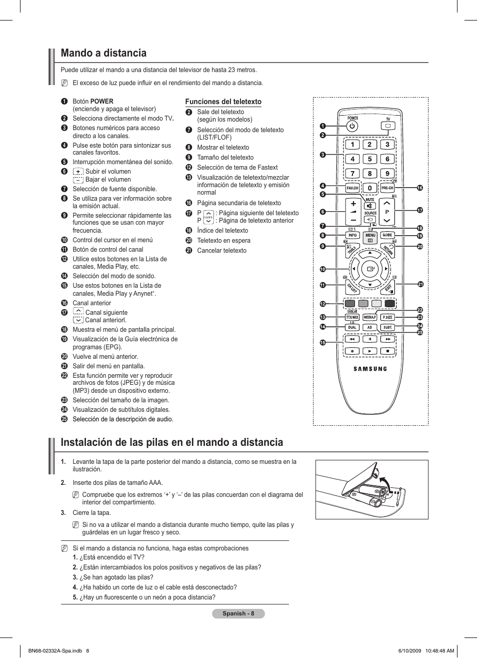 Mando a distancia, Instalación de las pilas en el mando a distancia | Samsung PS50B560T7W User Manual | Page 233 / 400