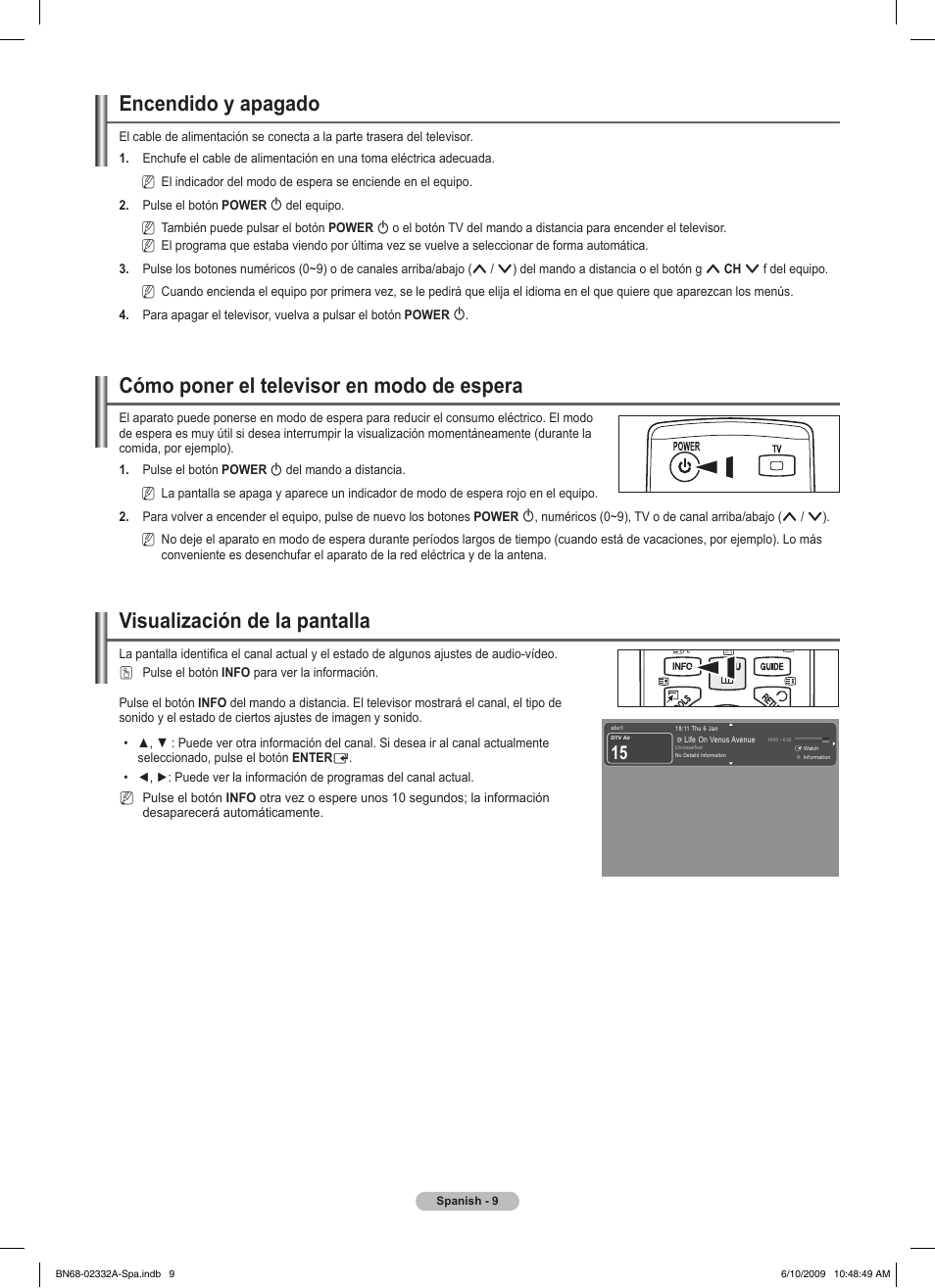 Encendido y apagado, Cómo poner el televisor en modo de espera, Visualización de la pantalla | Samsung PS50B560T7W User Manual | Page 234 / 400