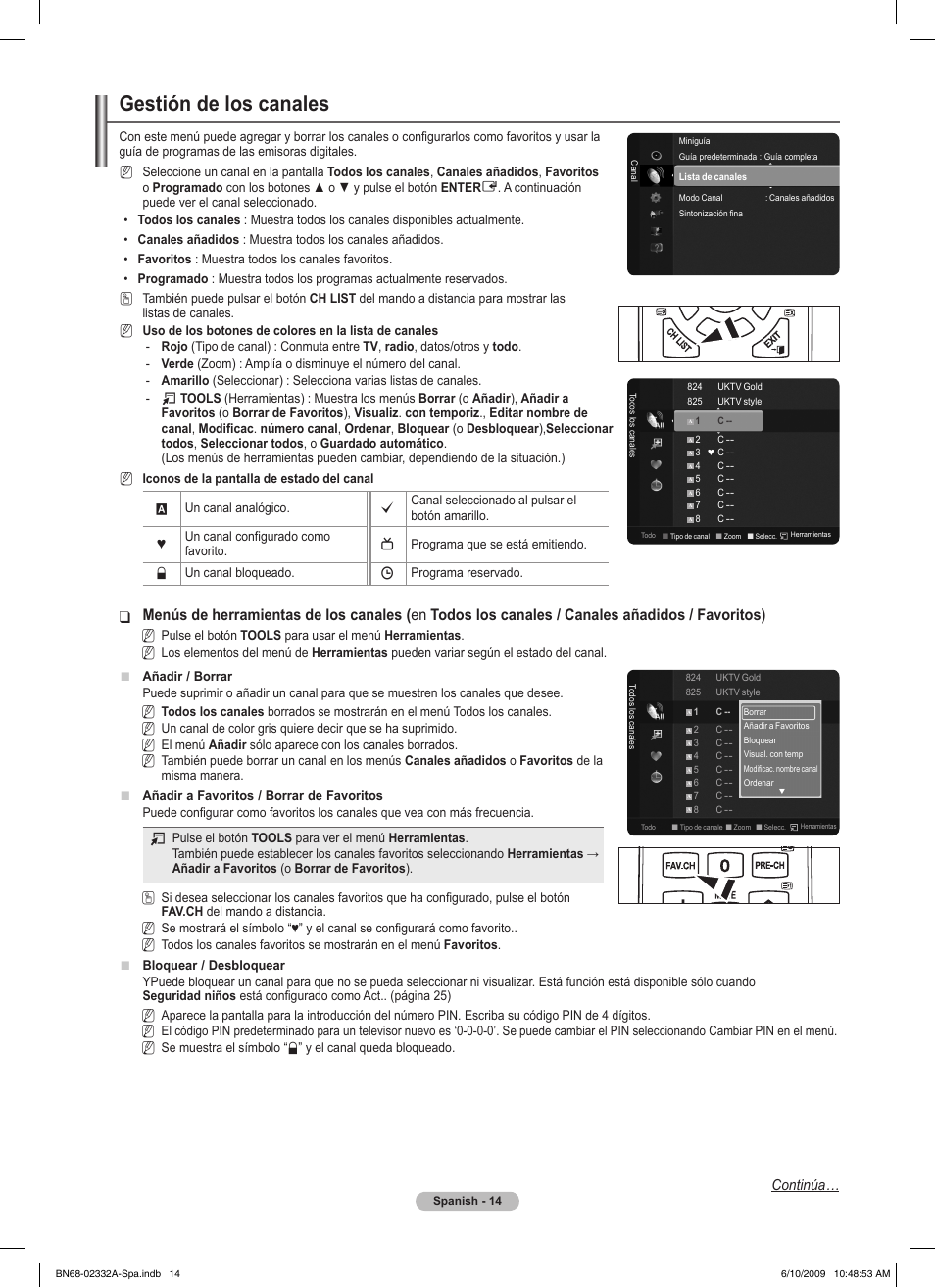Gestión de los canales, Continúa | Samsung PS50B560T7W User Manual | Page 239 / 400