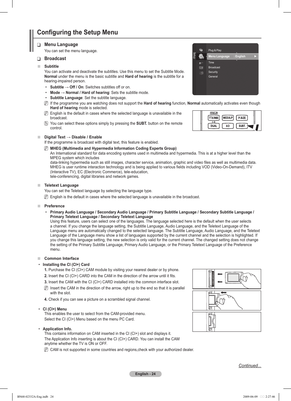 Configuring the setup menu | Samsung PS50B560T7W User Manual | Page 24 / 400