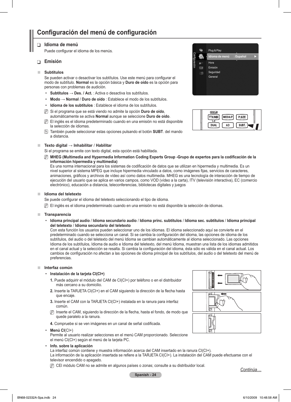 Configuración del menú de configuración | Samsung PS50B560T7W User Manual | Page 249 / 400