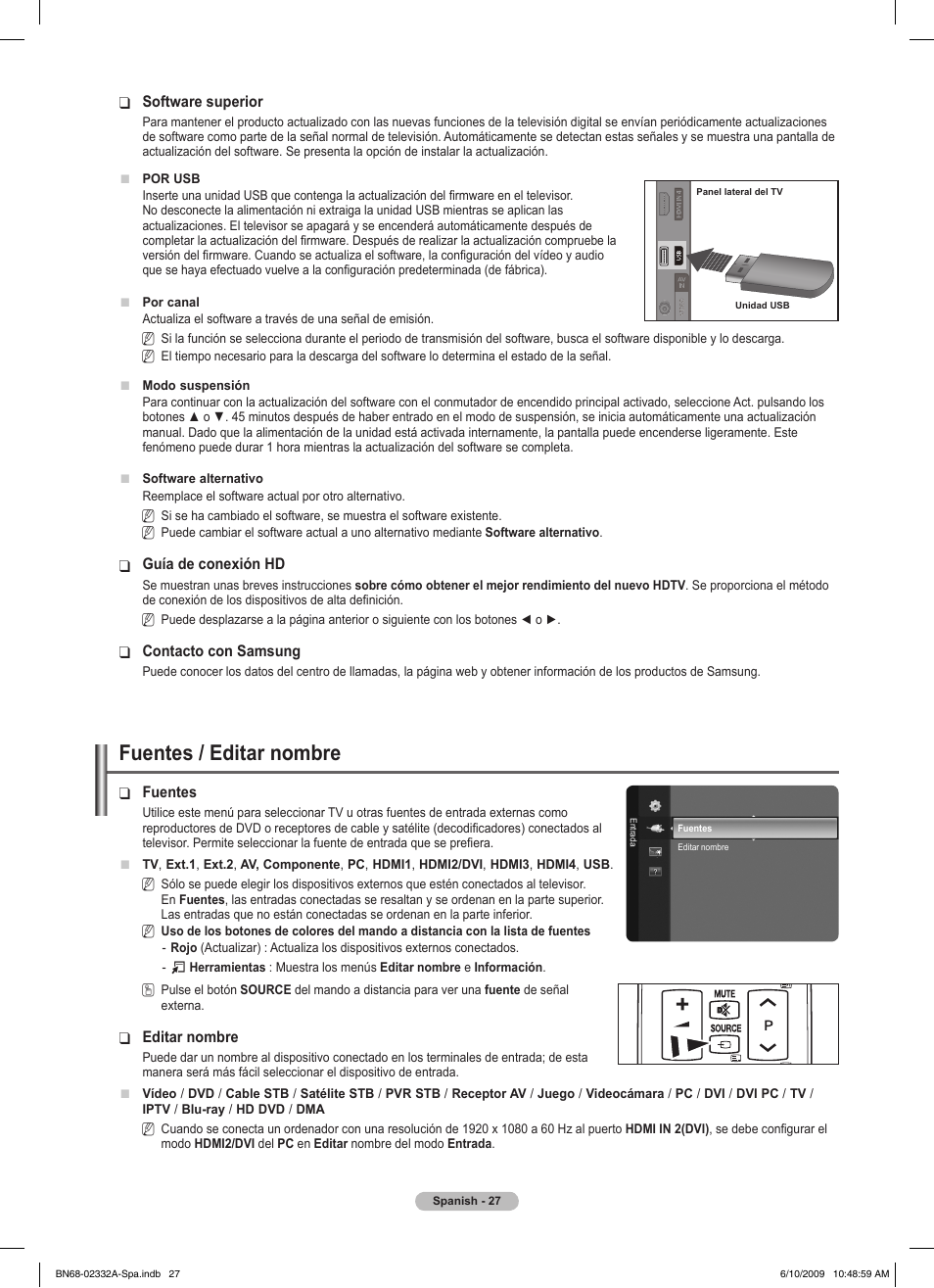 Fuentes / editar nombre | Samsung PS50B560T7W User Manual | Page 252 / 400