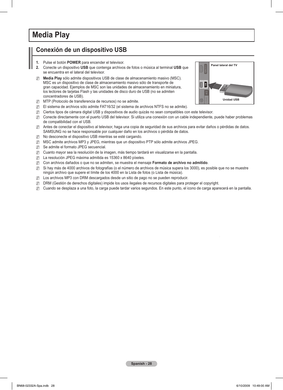 Media play, Conexión de un dispositivo usb | Samsung PS50B560T7W User Manual | Page 253 / 400
