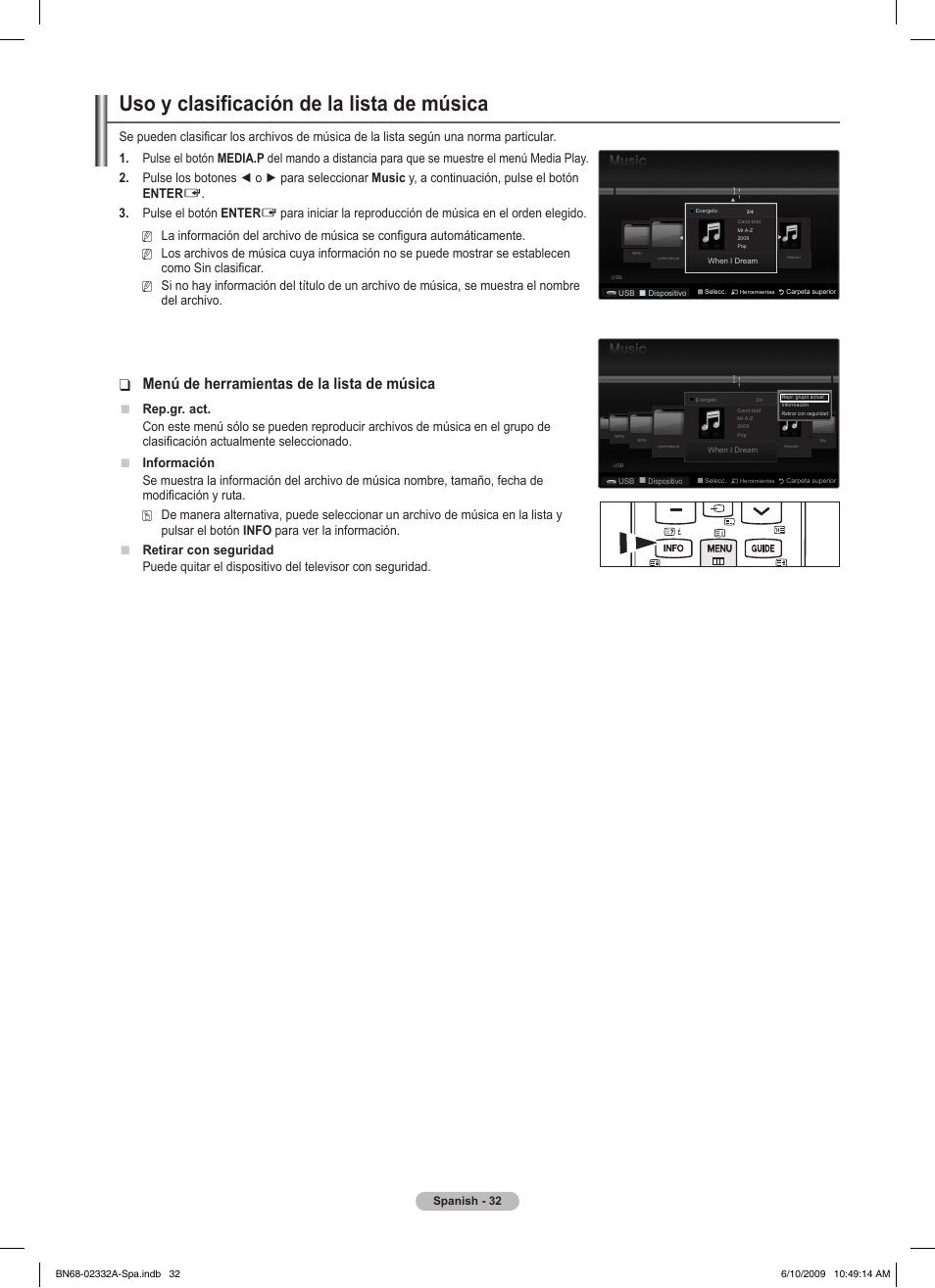 Uso y clasificación de la lista de música, Menú de herramientas de la lista de música, Pulse el botón enter | Del archivo, Rep.gr. act | Samsung PS50B560T7W User Manual | Page 257 / 400