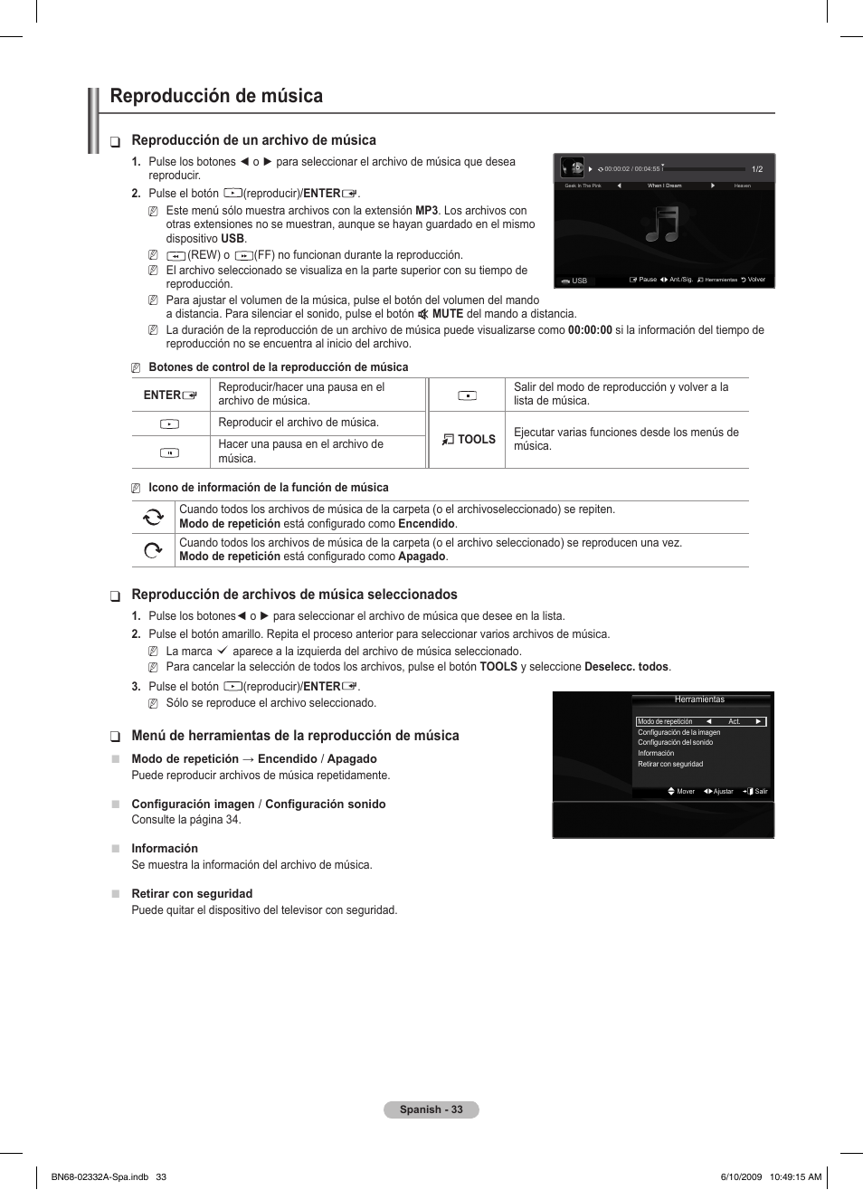 Reproducción de música, Reproducción de un archivo de música, Reproducción de archivos de música seleccionados | Menú de herramientas de la reproducción de música | Samsung PS50B560T7W User Manual | Page 258 / 400