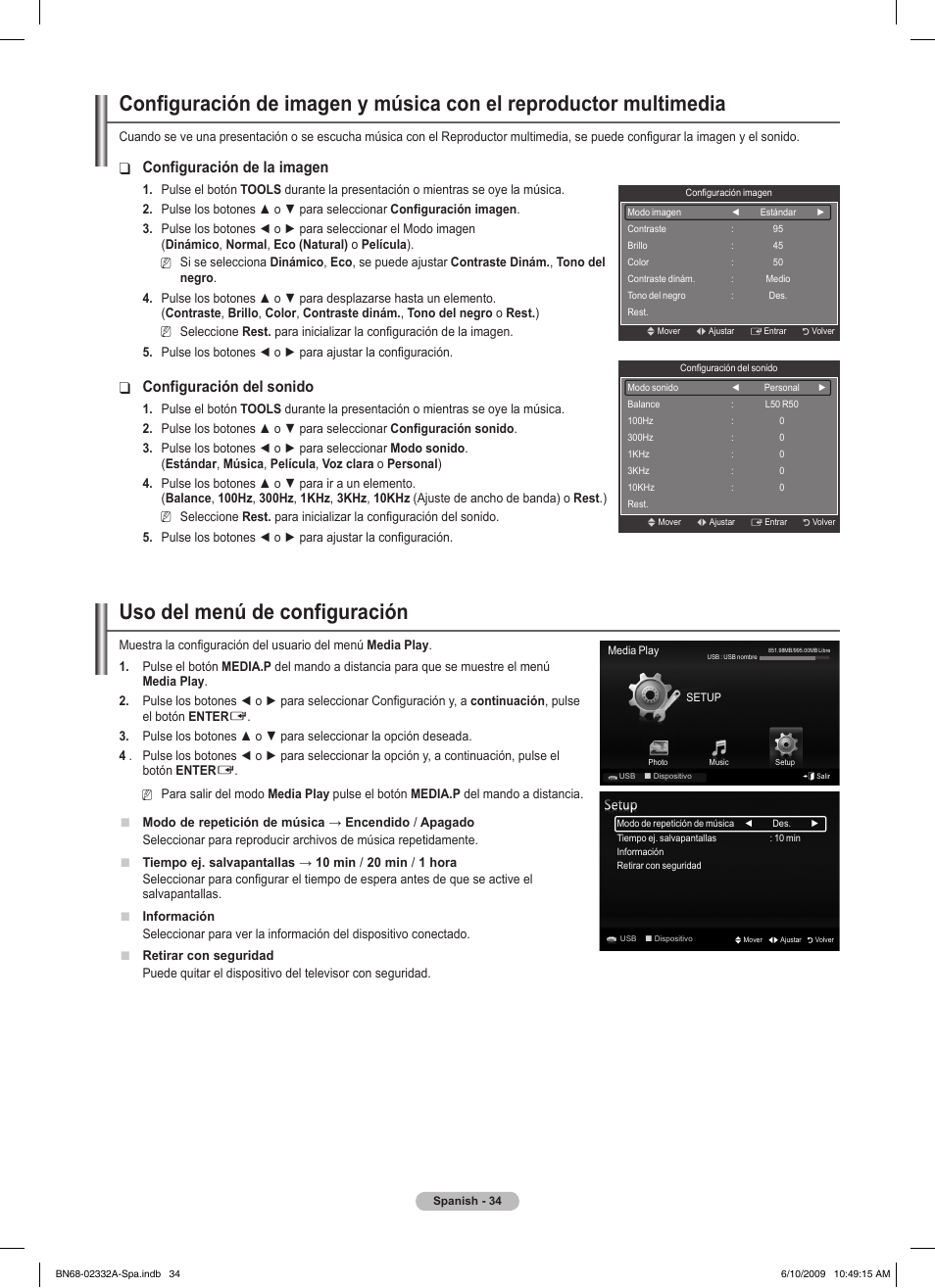 Uso del menú de configuración, Configuración de la imagen, Configuración del sonido | Samsung PS50B560T7W User Manual | Page 259 / 400