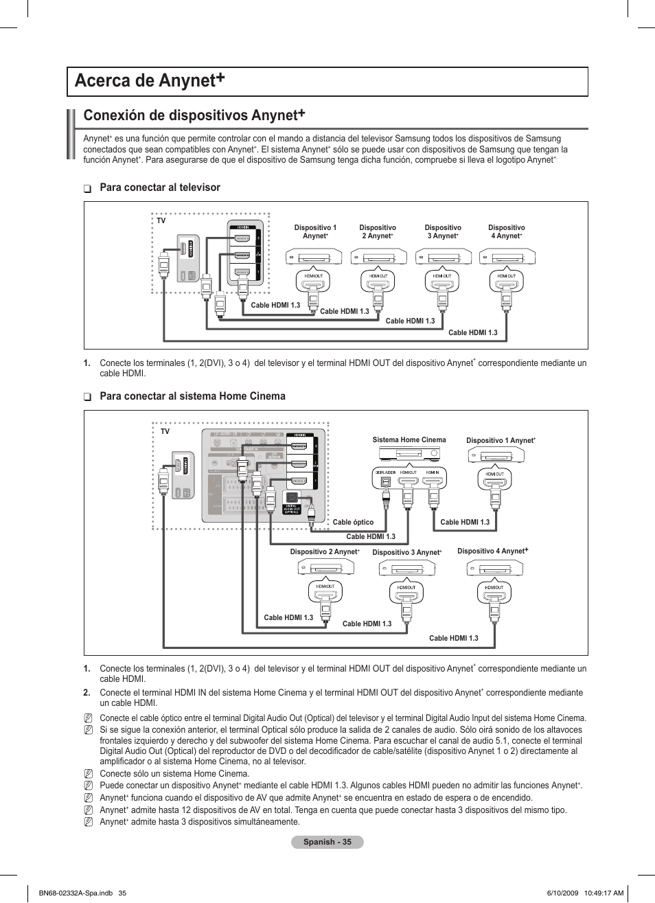 Acerca de anynet, Conexión de dispositivos anynet, Para conectar al televisor | Para conectar al sistema home cinema | Samsung PS50B560T7W User Manual | Page 260 / 400