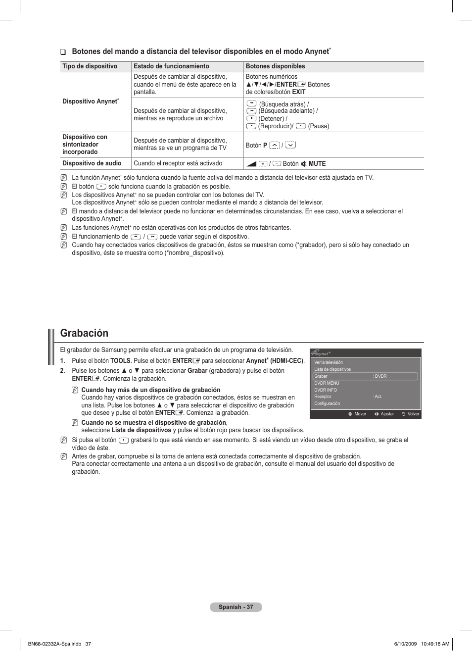 Grabación | Samsung PS50B560T7W User Manual | Page 262 / 400