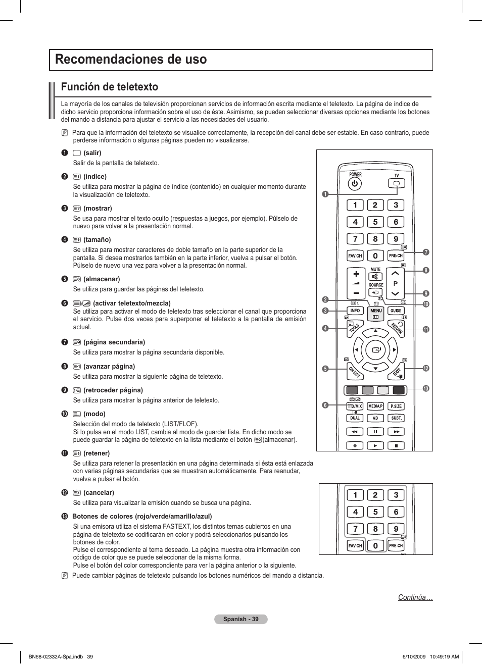 Recomendaciones de uso, Función de teletexto | Samsung PS50B560T7W User Manual | Page 264 / 400