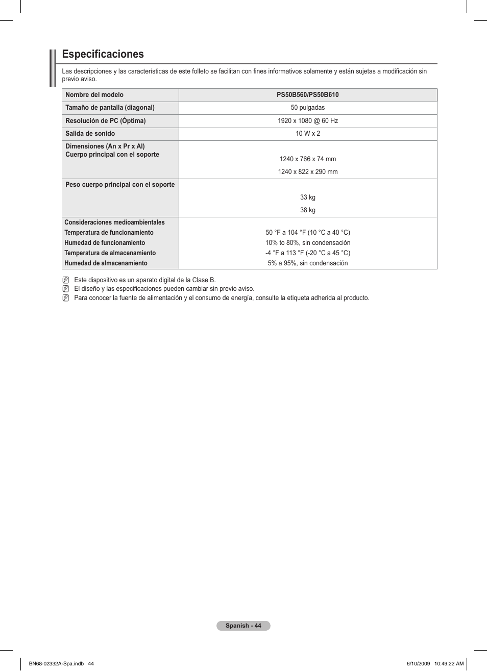 Especificaciones | Samsung PS50B560T7W User Manual | Page 269 / 400