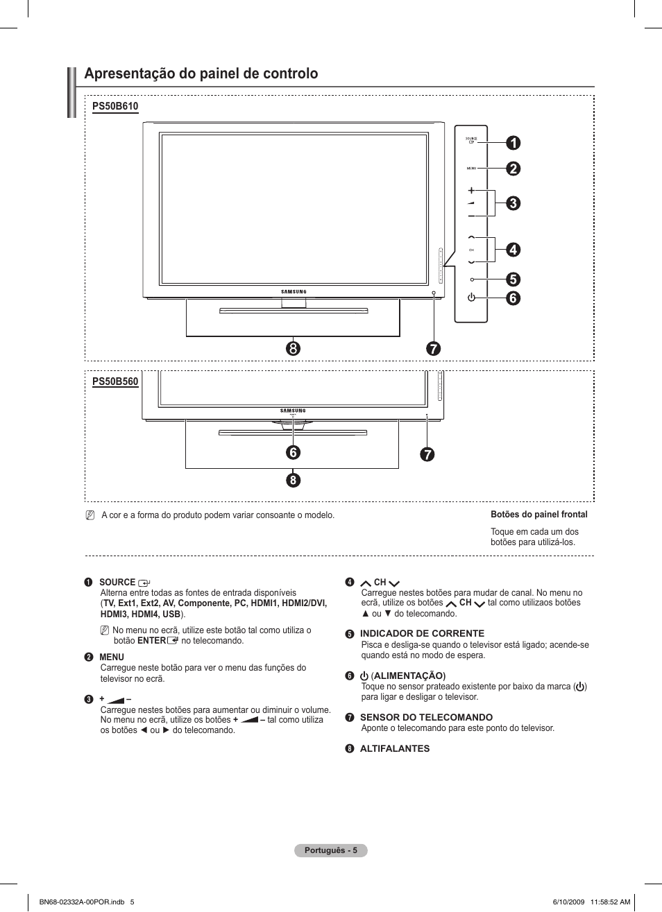 Apresentação do painel de controlo | Samsung PS50B560T7W User Manual | Page 273 / 400