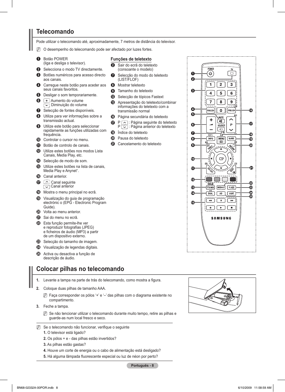 Telecomando, Colocar pilhas no telecomando | Samsung PS50B560T7W User Manual | Page 276 / 400
