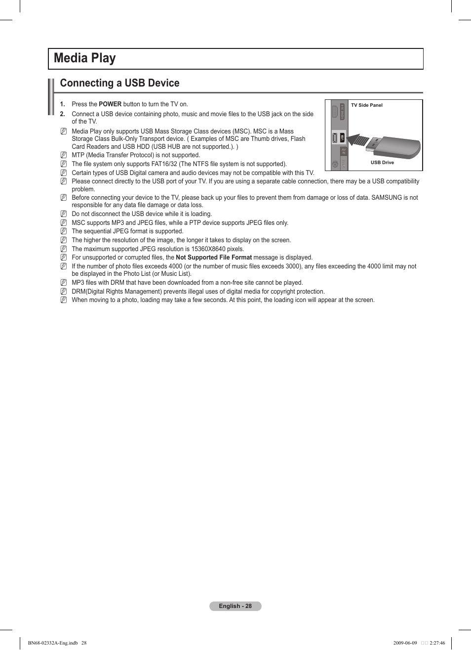 Media play, Connecting a usb device | Samsung PS50B560T7W User Manual | Page 28 / 400