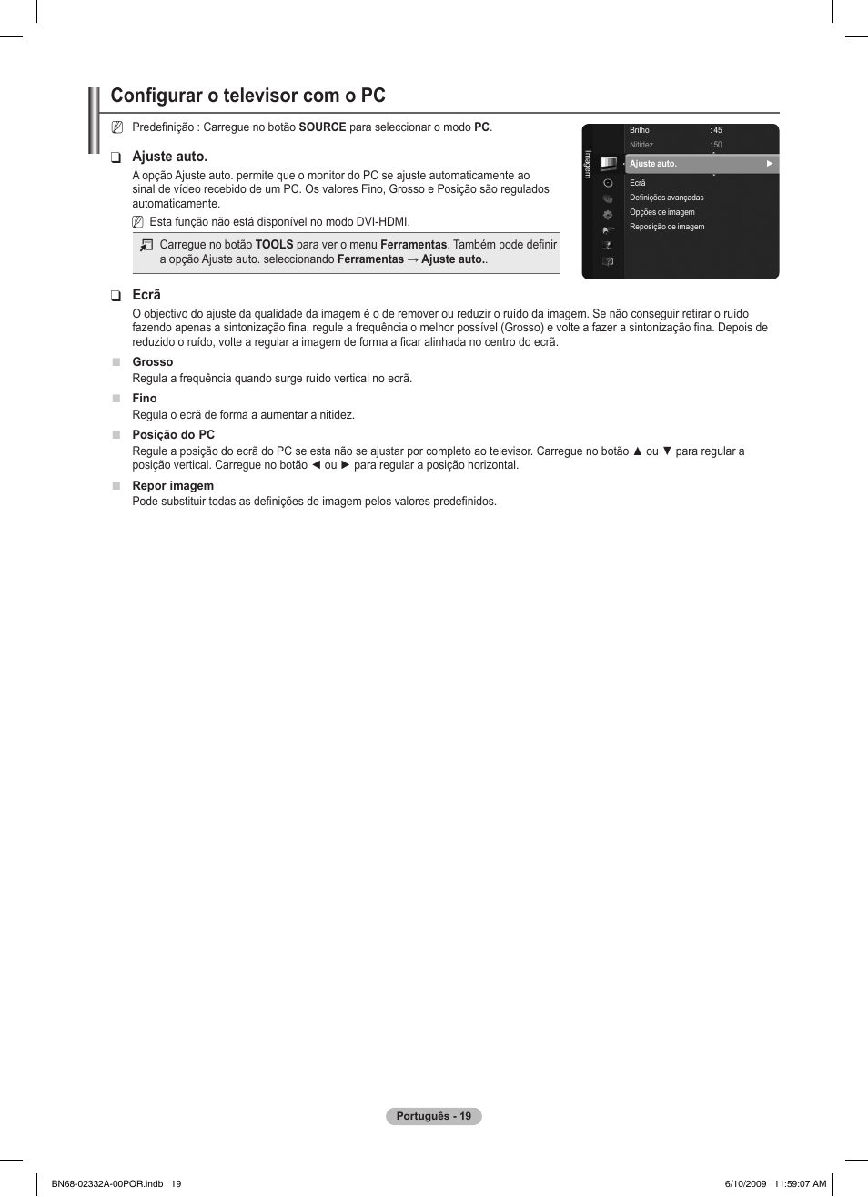 Configurar o televisor com o pc, Ajuste auto, Ecrã | Samsung PS50B560T7W User Manual | Page 287 / 400