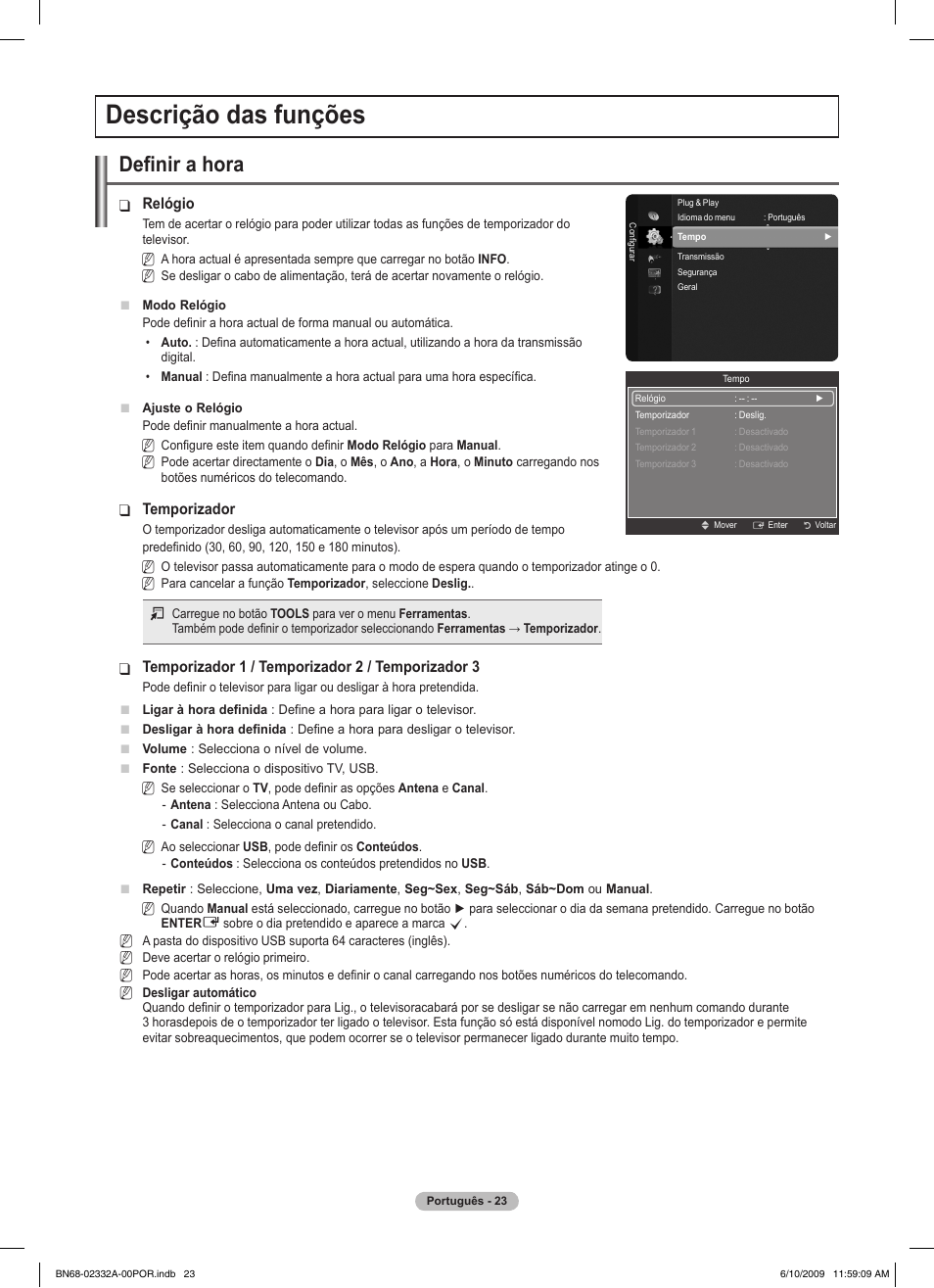 Descrição das funções, Definir a hora | Samsung PS50B560T7W User Manual | Page 291 / 400