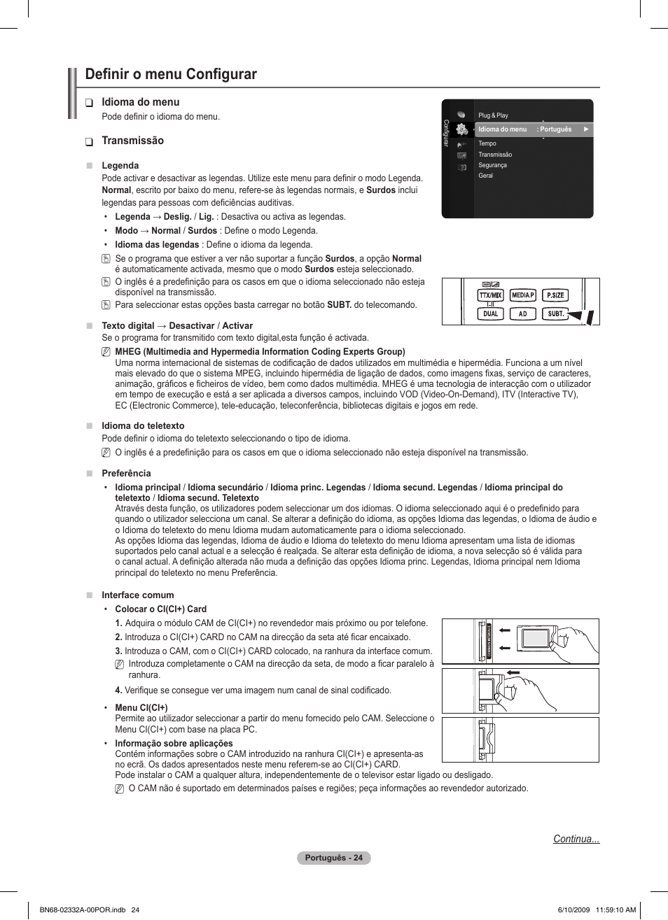 Definir o menu configurar | Samsung PS50B560T7W User Manual | Page 292 / 400